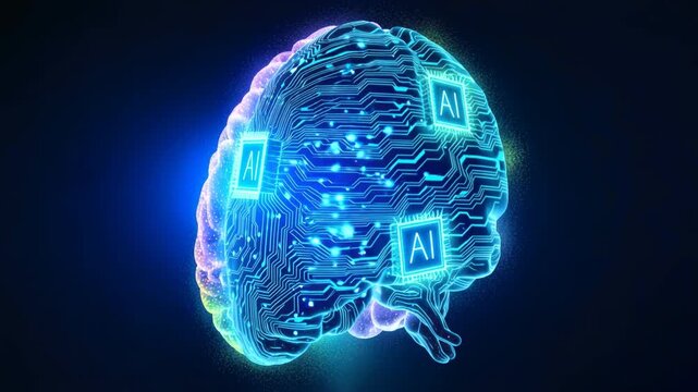 Luminous split brain: left half a vibrant field of glowing particles, right half blue circuitry with an AI chip, rotating in a dark background for a futuristic, energetic vibe