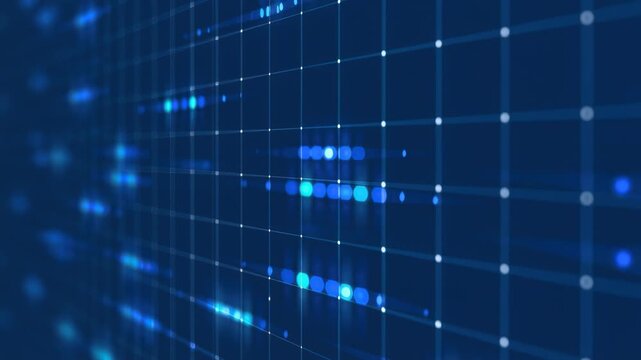 Blue 3D grid with glowing data streams and bar light bursts moving along lattice lines, camera slowly pans left to right with a slight upward tilt