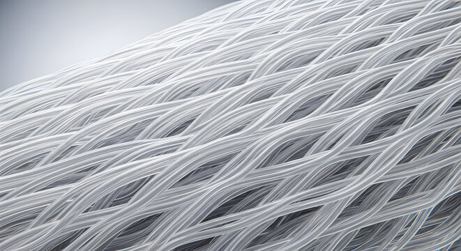 Abstract close-up of intricate woven synthetic fibers, forming a modern, flexible structure, highlighting advanced material technology and industrial design.