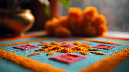 Colorful rangoli design close up for Gudi Padwa festival. Traditional Indian New Year celebration art for cultural holiday.