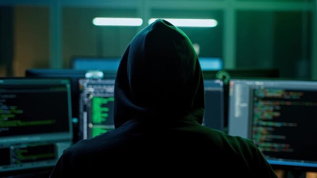 Hooded hacker in a dark room surrounded by multiple monitors displaying scrolling green code, as the camera pans left to right and tilts up, creating a high-tech tense mood