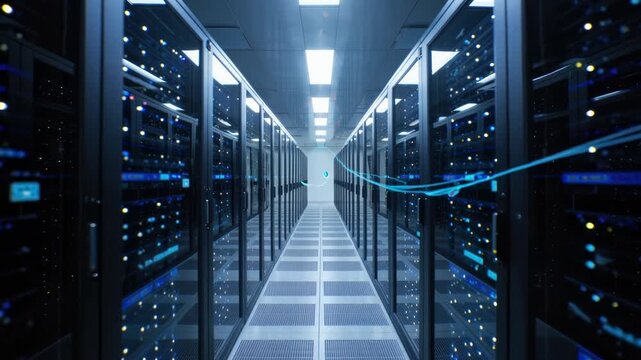 A futuristic data center corridor between rows of server racks, with blinking indicators, blue data streams weaving through the air, orange data packets pulsing, and bright ceiling glow.