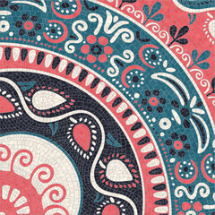 Mosaic tile with floral motif, vector graphic template