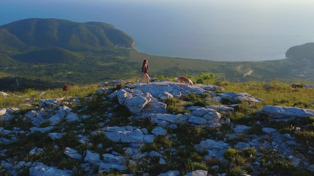 A girl in a red shirt with a border collie walks along the top of a mountain range, against the background of a bay and a shore with the sea