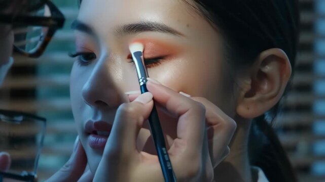 Close-up of a young woman receiving professional makeup application with soft light in a modern setting