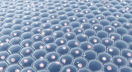 Obraz premium Detailed microscopic view of a vibrant blue hexagonal cellular tissue with distinct glowing nuclei, representing fundamental biological structures.