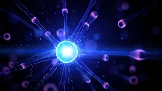 Glowing blue neuron with translucent axons and dendrites radiating in a dark background, purple synaptic vesicles pulsing and drifting light points as the camera glides into the micro world