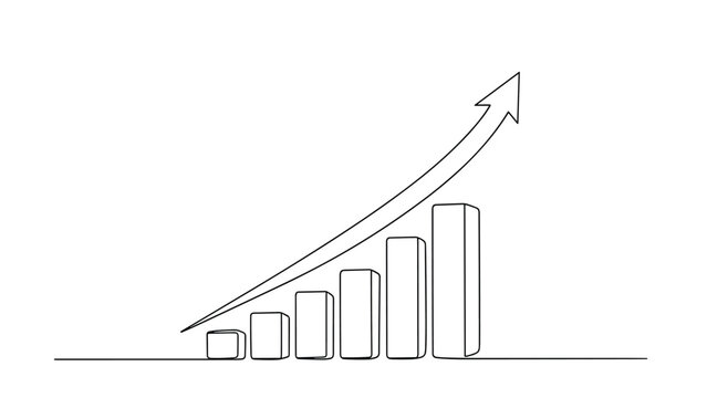 Simple line drawing shows a rising bar chart with an upward pointing arrow to represent business growth and financial success.