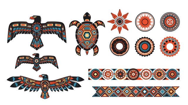 Collection of indigenous Native American symbols including eagles, a turtle, and sun patterns in traditional earthy colors.
