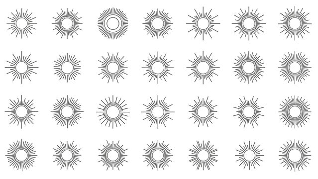 Large set of diverse black line sun and star symbols with various ray patterns and geometric shapes for graphic design.