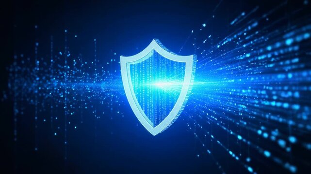 Blue luminous shield centered with flashing binary code and streaming data forming a protective blue barrier as light particles swirl and the camera moves forward