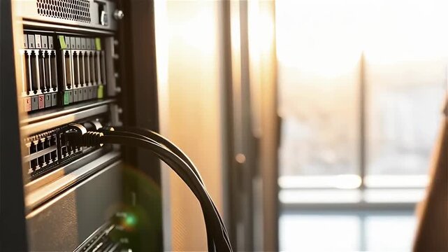 Close-up of a person connecting cables to a server in a warm-toned room, highlighting technology and attention to detail