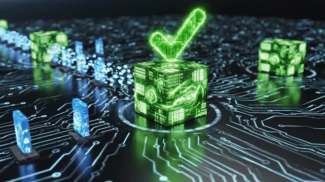Green 3 D cubes with glowing circuits on a dark background with microchip patterns and a blurred