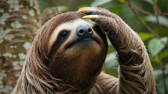 Close-up of a sloth in a natural habitat, featuring lush green foliage and a calm expression