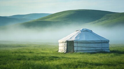 Mongolian Yurt on Misty Grassland