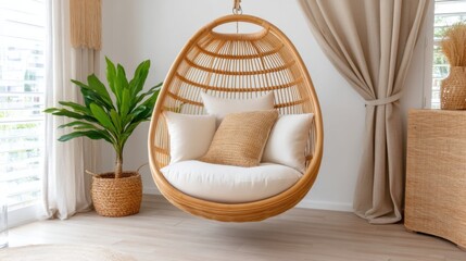 Fototapeta premium Boho chic living room, hanging rattan swing chair, white walls, light wood floor, beige linen curtains, woven basket decor, daylight