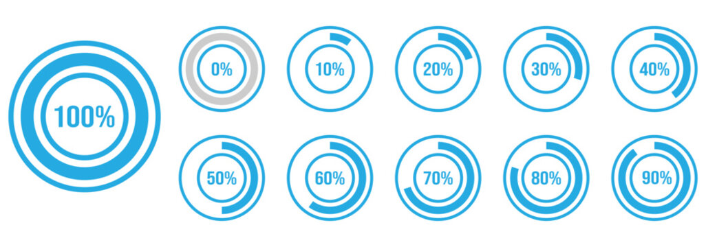Progress bars. Template of blue and gray color fill pie charts. Round graph loading progress set. Vector percentage infographics.