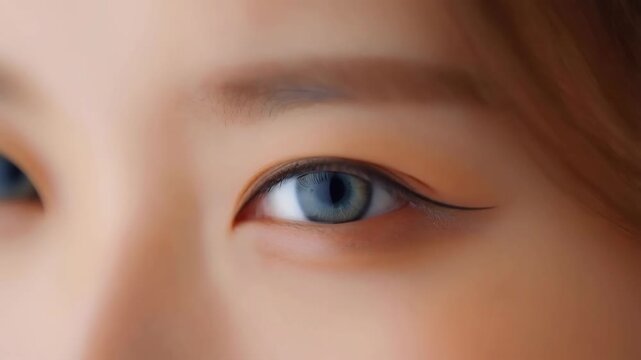 Close-up shot of a woman's eye featuring distinct makeup, showcasing striking blue iris and defined eyeliner