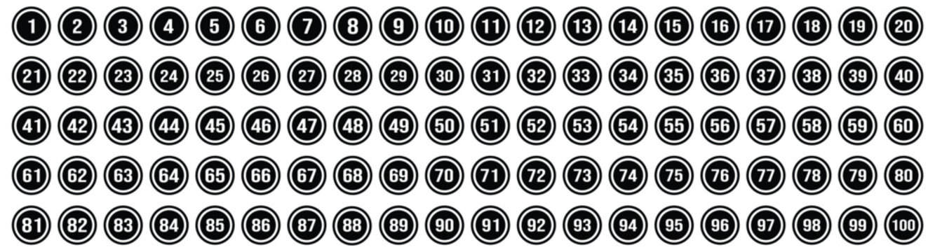 Vector illustration of 100 black location pin icons with numbers from 1 to 100. Bullet point number icons collection. Numeral typographic line and flat icons set.  simple bullet point number icon set.