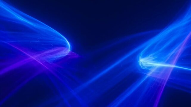 A mesmerizing video of vibrant blue and purple light beams moving across a dark background