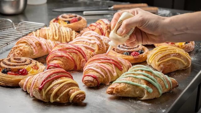 Medium shot showing a variety of frozen pastries being decorated with colorful flavored drizzle patterns for added taste and visual appeal.