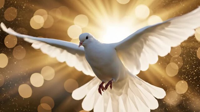 White dove flying in slow motion against a golden background with light rays. Bird flapping wings amidst bokeh and particles. Symbol of peace, spirituality, and the Holy Spirit concept