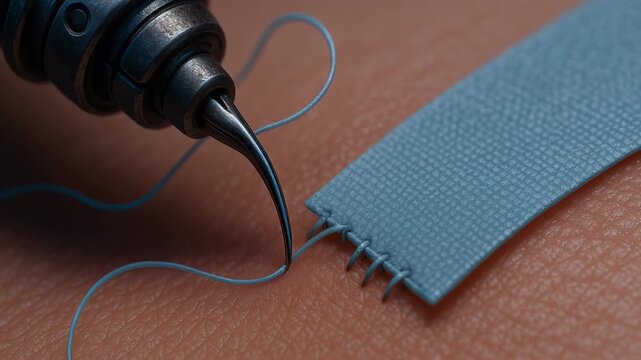Close up stitching skin with thread and needle suture medical repair wound texture detailed blue fabric healthcare surgery treatment medical tool surface loop procedure precision care advanced wound