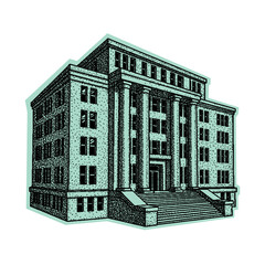 Naklejka premium vintage architecture illustration of a grand building with columns and a wide staircase in retro halftone stipple effect style