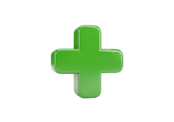 Obraz premium Glossy green plus sign medical cross icon isolated on transparent background