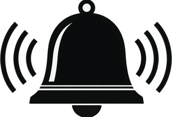 Black ringing bell icon with sound waves on white background notification alert