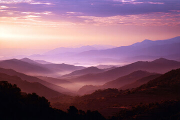 Cinematic photo of sunset over Provence hills, purple tones, dramatic sky, tranquil mood