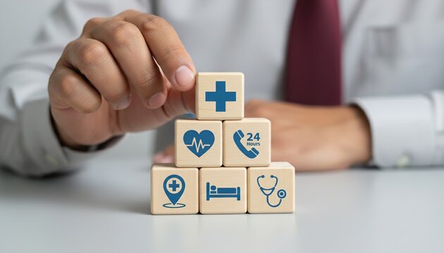 A person's hand placing a wooden block with a blue cross symbol on a stack of health and medical service icons, representing comprehensive healthcare coverage or insurance.
