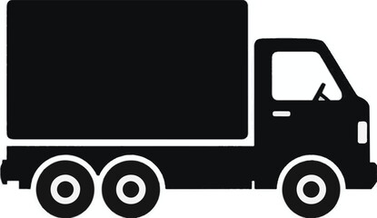 Black Silhouette of a Box Truck with Six Wheels on White Background Keywords: truck, box truck, delivery truck, cargo truck