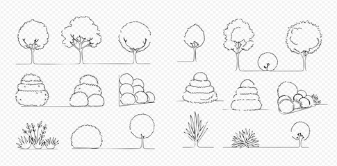 Set of various hand-drawn outline trees, bushes, and plants for architectural and landscape design plans.