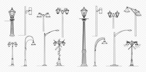 Set of various street lamps and lanterns, hand-drawn sketch illustration of outdoor lighting fixtures. © Lunara Arts