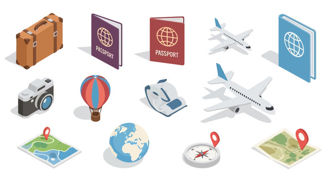 Isometric Travel Icons: Passport, Airplane, Camera, and Travel-Themed Illustrations