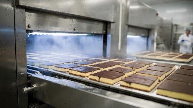 Conveyor belts transporting singlelayer sheet cakes through industrial blast freezers highlighting rapid cooling in a modern bakery environment.