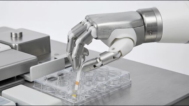 Robotic hand holding test strip over transparent multi well plate and plastic tray metal laboratory table, showcasing advanced automation, science, and precision robotic laboratory testing