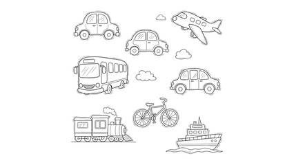 Transportation Collection: An engaging collection of transport vehicles, artfully illustrated in outline form. Includes a car, a plane, a bus, a bike, a train, and a ship. Perfect for design projects.