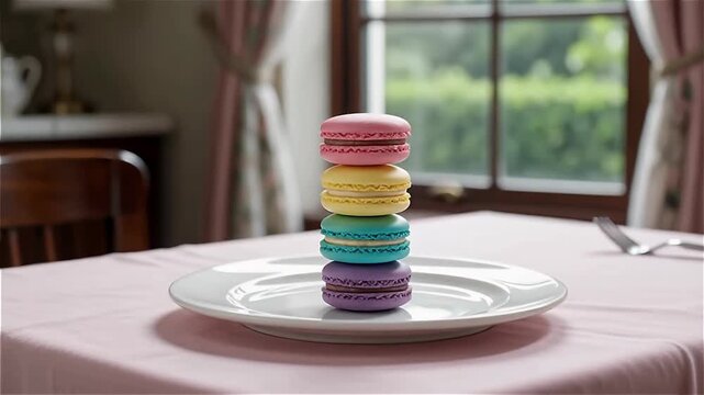 A hand delicately stacking colorful macarons on a white plate, with a soft pink tablecloth and natural light from a window