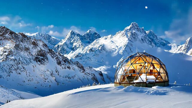 Geodesic glass igloo resort set in snowy alpine mountains under blue sky, representing luxury winter travel, exclusive accommodation and premium mountain tourism
