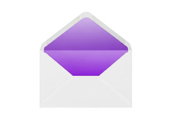 Open white envelope with purple interior mail communication concept isolated on transparent background