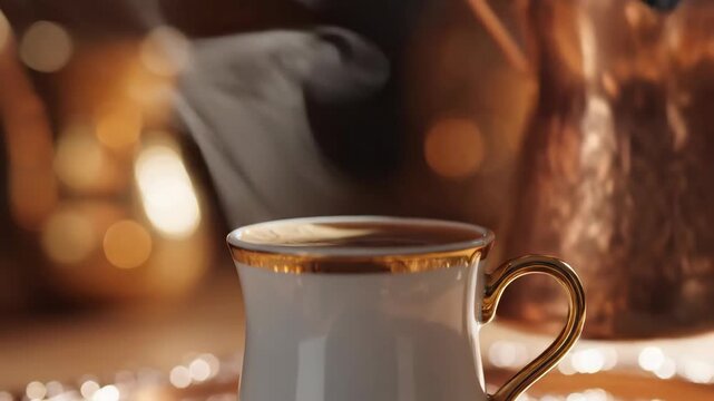 Pouring hot steaming coffee from a traditional Arabic dallah into a cup. Serving a warm Turkish beverage in a cafe. Coffee culture and hospitality concept