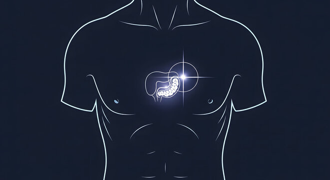 Outline illustration of male torso highlighting the pancreas and