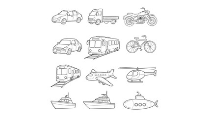 Transportation Illustration: A collection of various modes of transportation, meticulously illustrated, perfect for educational and design purposes. 