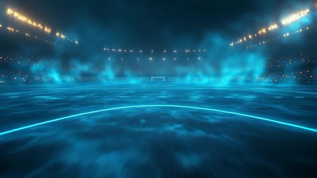 Epic futuristic sports background for football match stories. Cinematic neon soccer stadium with blue glow and smoke for gaming and event intros.