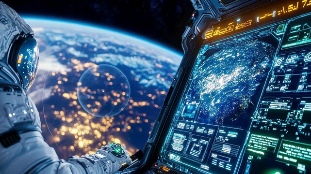 Astronaut in space suit operating advanced digital control panel while Earth is visible through spacecraft window, illustrating space exploration, technology innovation and future science mission
