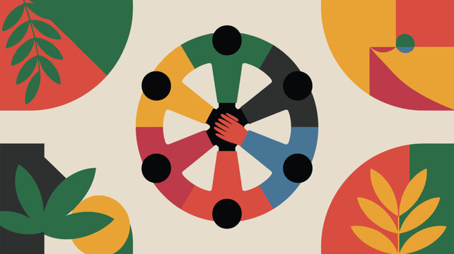 Vibrant teamwork illustration with diverse hands joining in unity circle