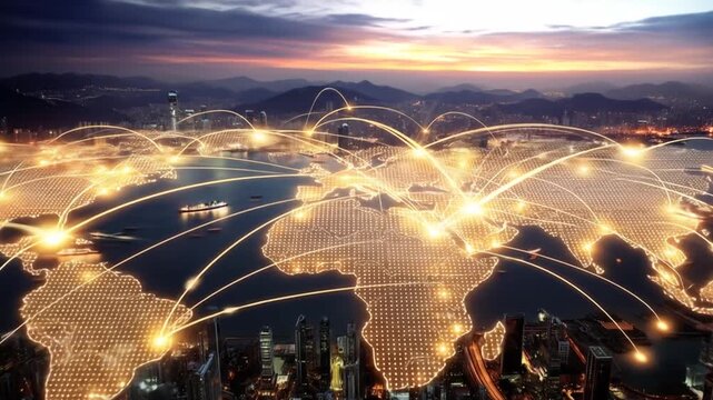 Global network connection lines illuminating world map and city skylines at dawn. Digital technology, business, and communication.