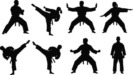 Martial arts silhouette set featuring karate and taekwondo fighters performing kicks stances and poses isolated on white background vector illustration © Polash